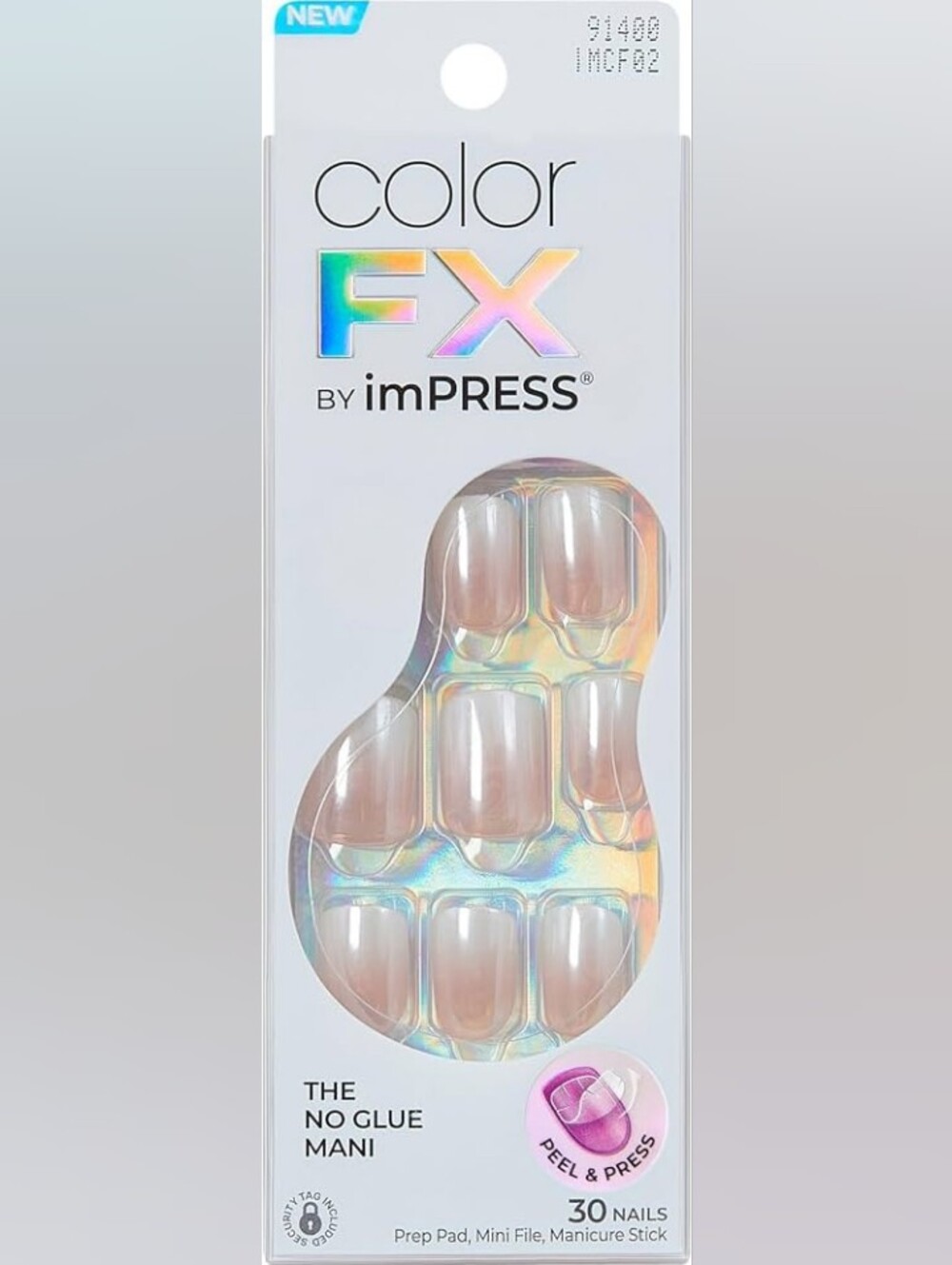 NWT imPRESS Color FX Nude Sheer Press-On Nails - Iridescent Holographic Backing